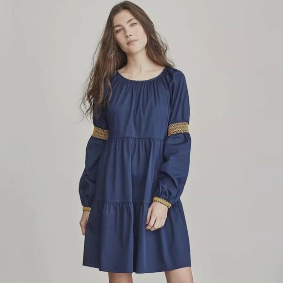 Elizabeth and James A-Line Blue peasant Dress puff sleeve Tiered Boho gold small - Picture 1 of 8